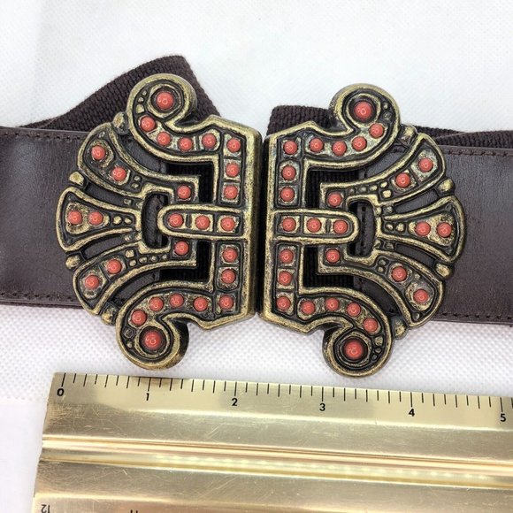 Vintage 90s Y2K Another Line Brown Faux Coral Cluster Elastic Stretch Belt 30" - Picture 4 of 7